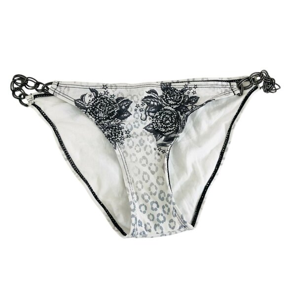 Sinful by Affliction Bikini Bottom Chain Roses Leopard Pistol Rhinestone White L - Picture 1 of 4